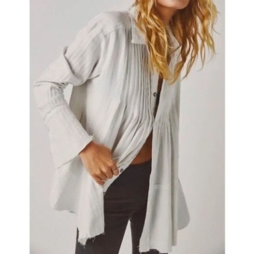 Free People Brooks Pintuck Classic Collar Bell Sleeves Western Tunic Top/Dress M